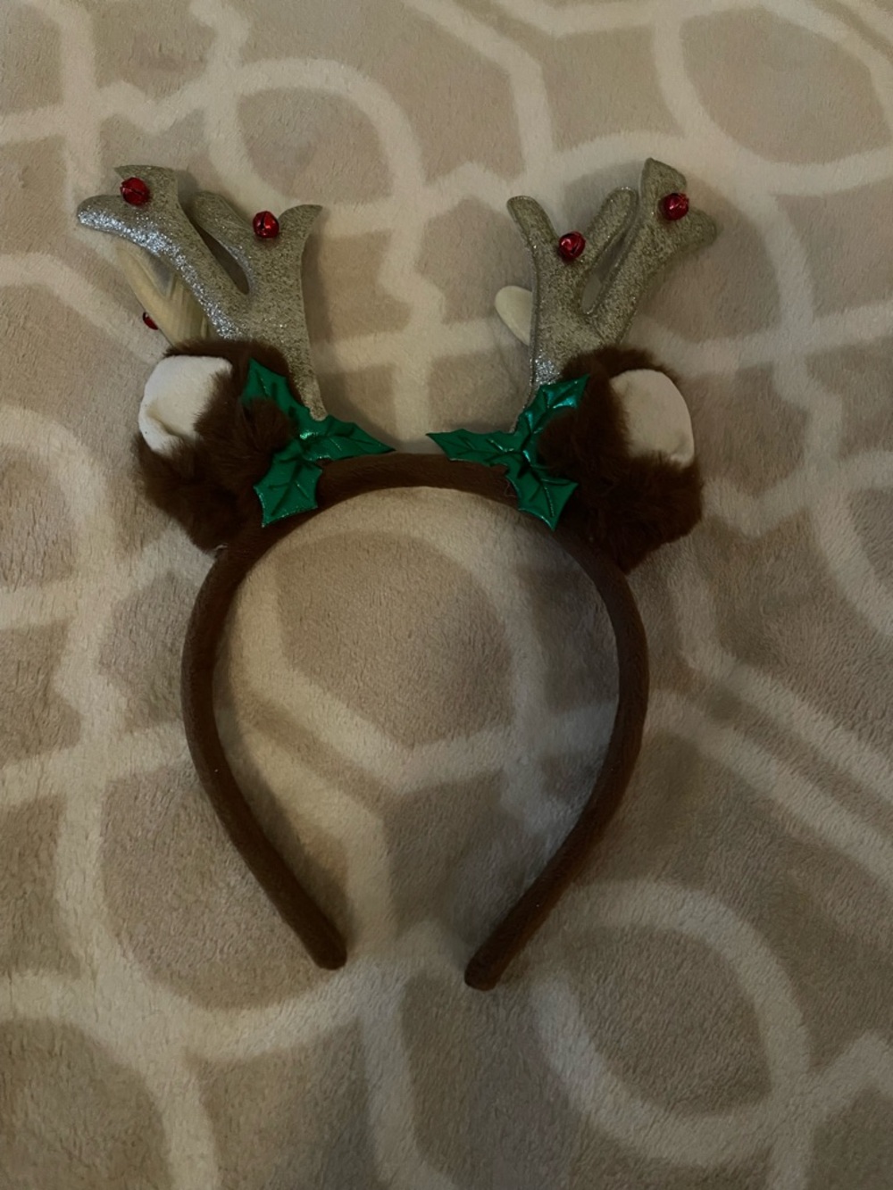 Festive Reindeer Antler Headband - Brown with Silver Antlers and Green Accents